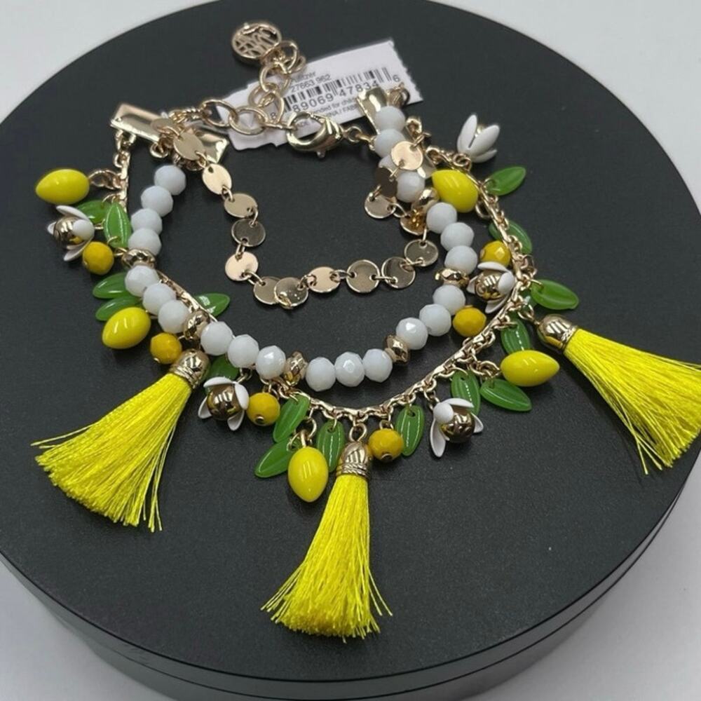 Lilly Pulitzer Lemon Grove Triple Strand Beaded Tassel‎ Gold Tone Bracelet New